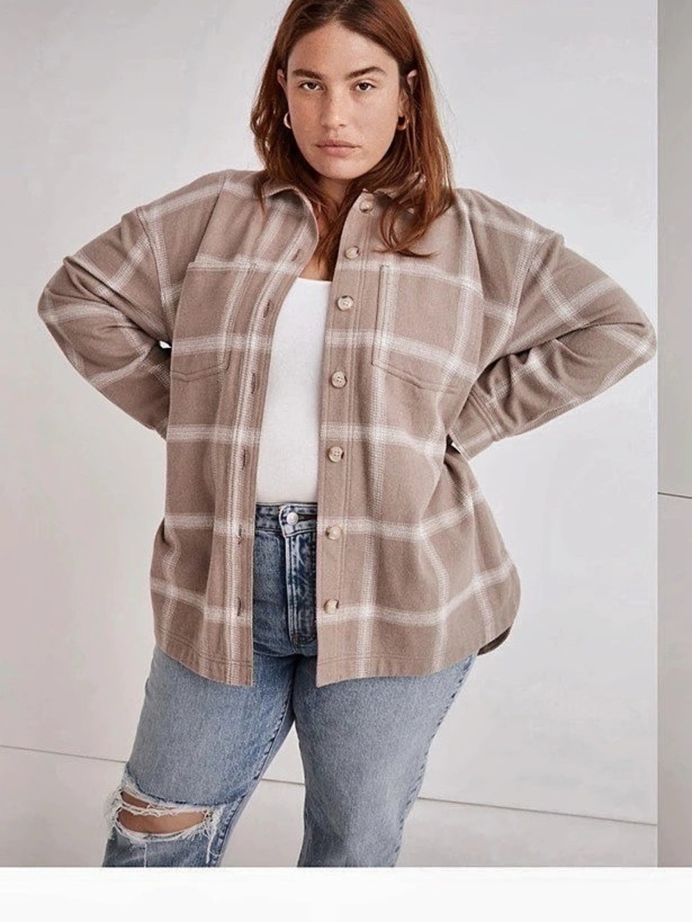 Madewell Plus Flannel Kentwood Oversized Shirt-Jacket Windowpane Shacket 4X Tan
